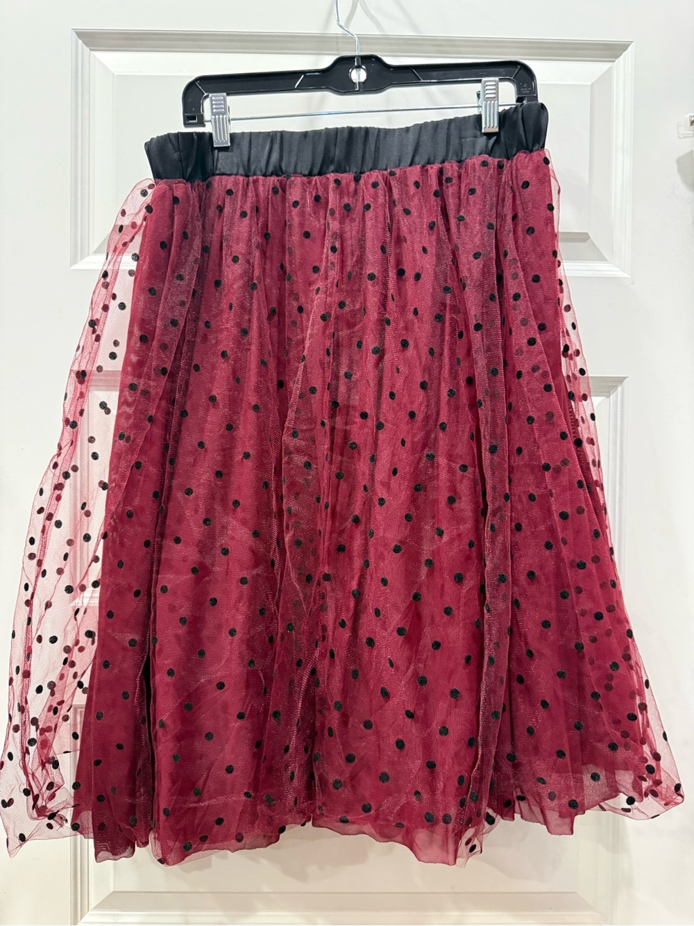 Draper James Burgundy Tulle Midi Skirt with Black Polka Dots and Black Waistband - Picture 4 of 7